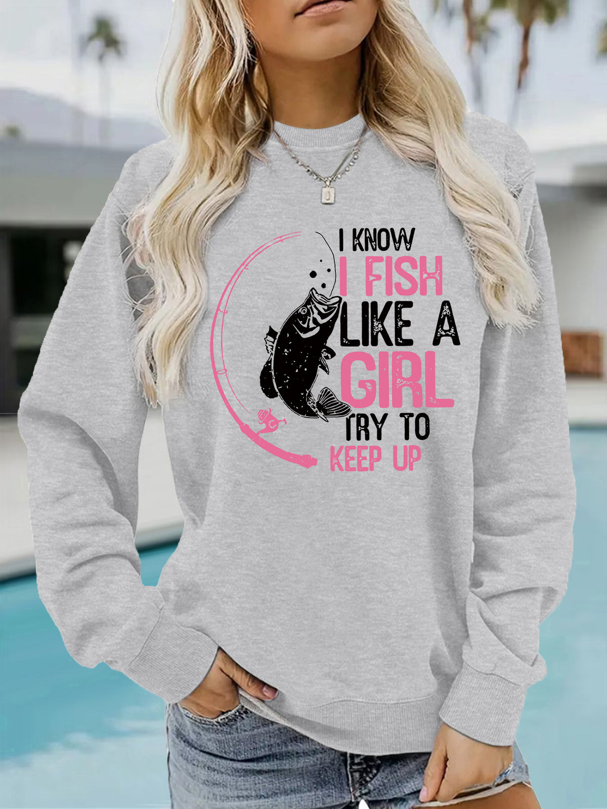 I love fishing pattern printed round neck hoodie