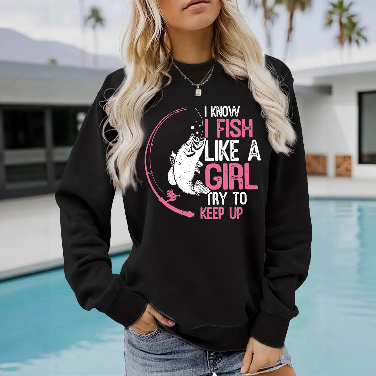 I love fishing pattern printed round neck hoodie